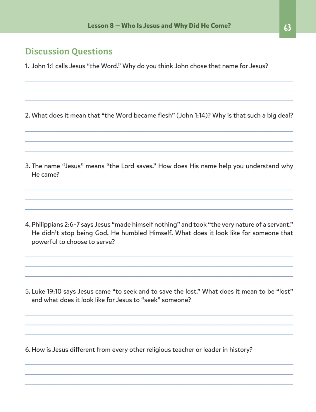 Lesson 8 discussion questions with space to respond.
