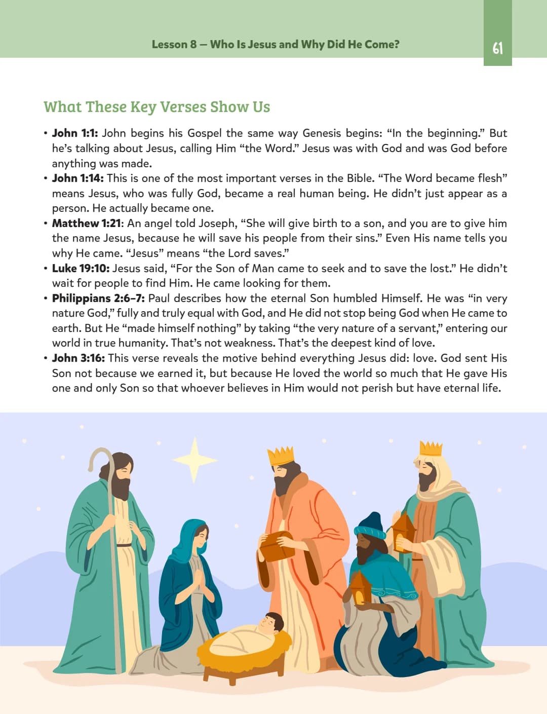 Scripture explanations about Jesus and an illustrated nativity.