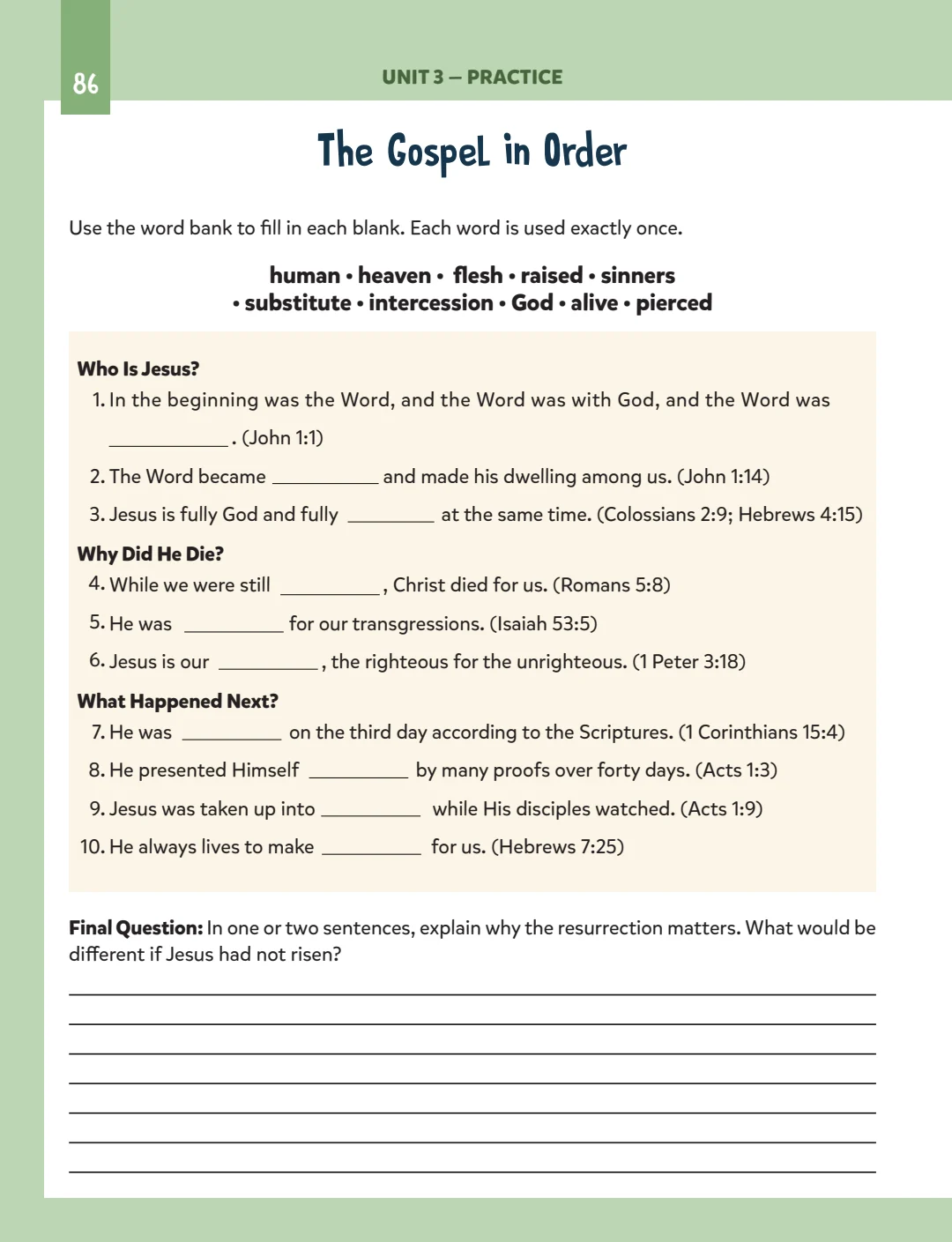 The Gospel in Order: Unit 3 practice and reflection.