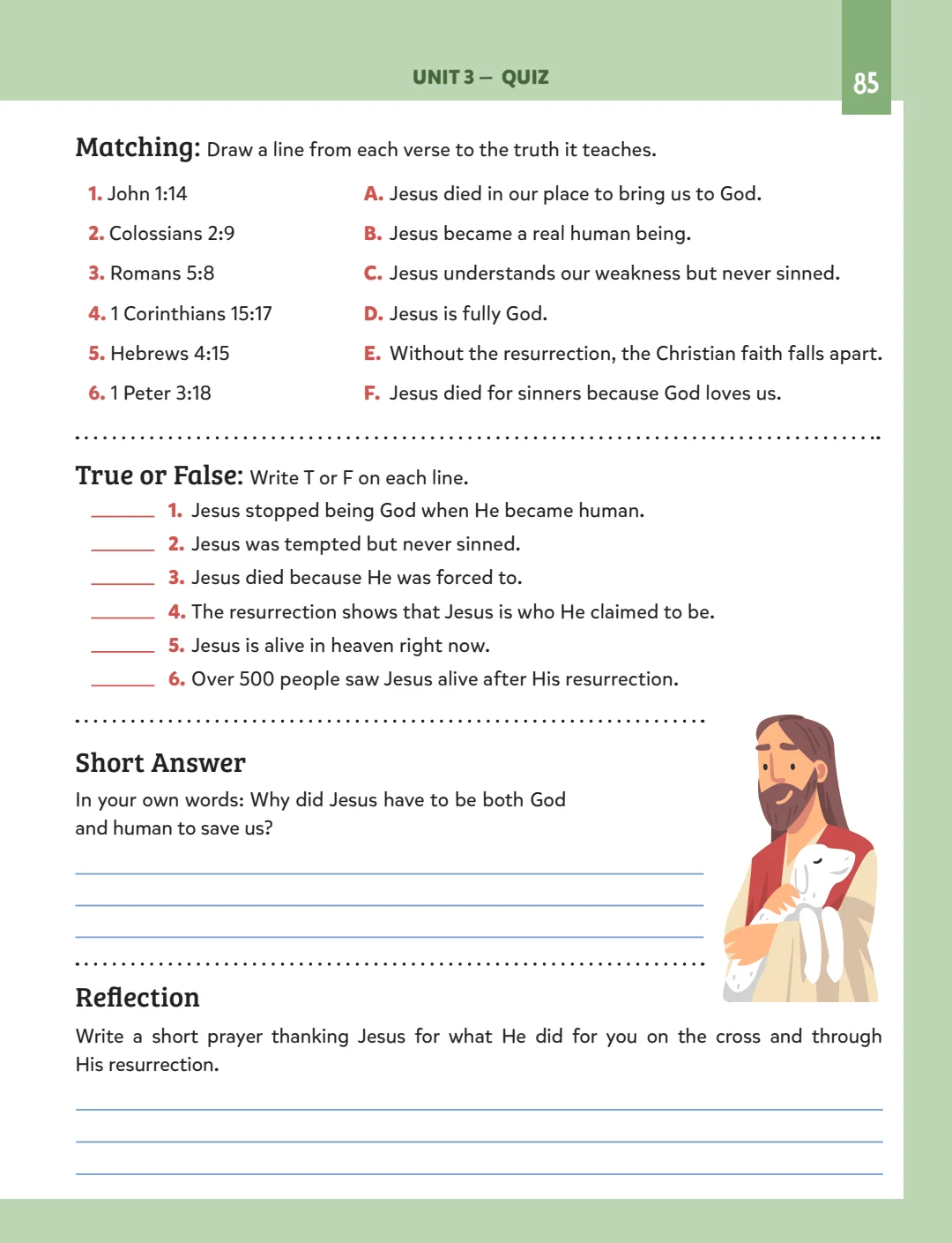 Unit 3 quiz with matching, true or false, short answer, and reflection.