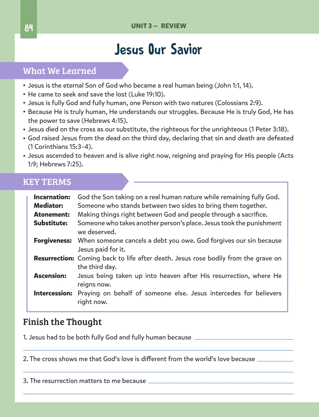 Jesus Our Savior: Unit 3 review of key truths and terms.