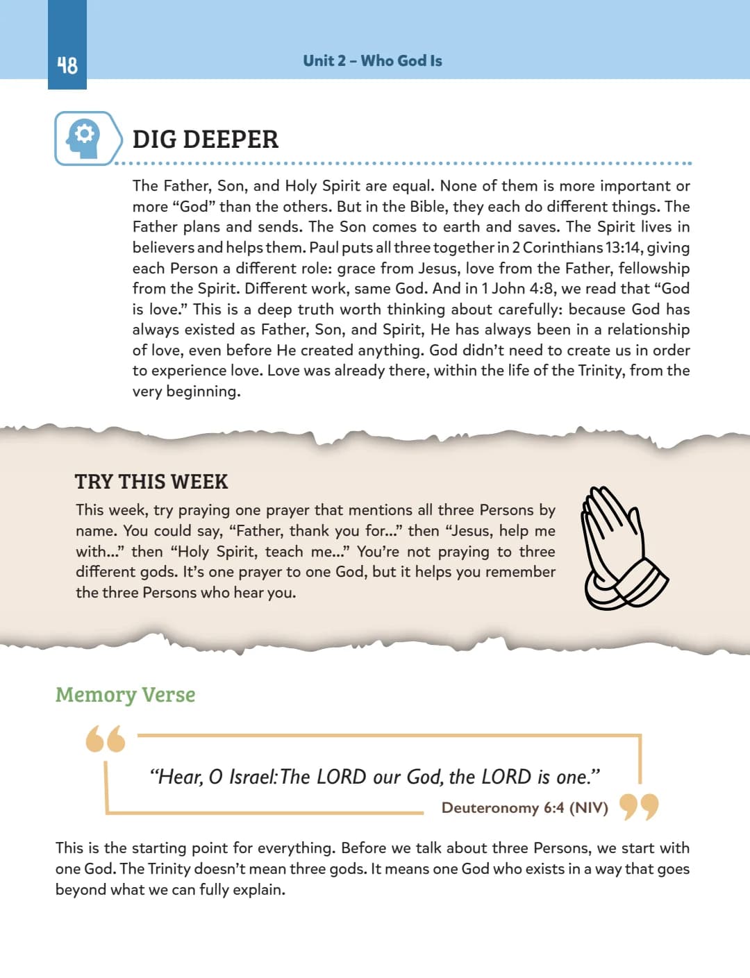 Dig Deeper, Try This Week, and a memory verse from Deuteronomy 6:4.