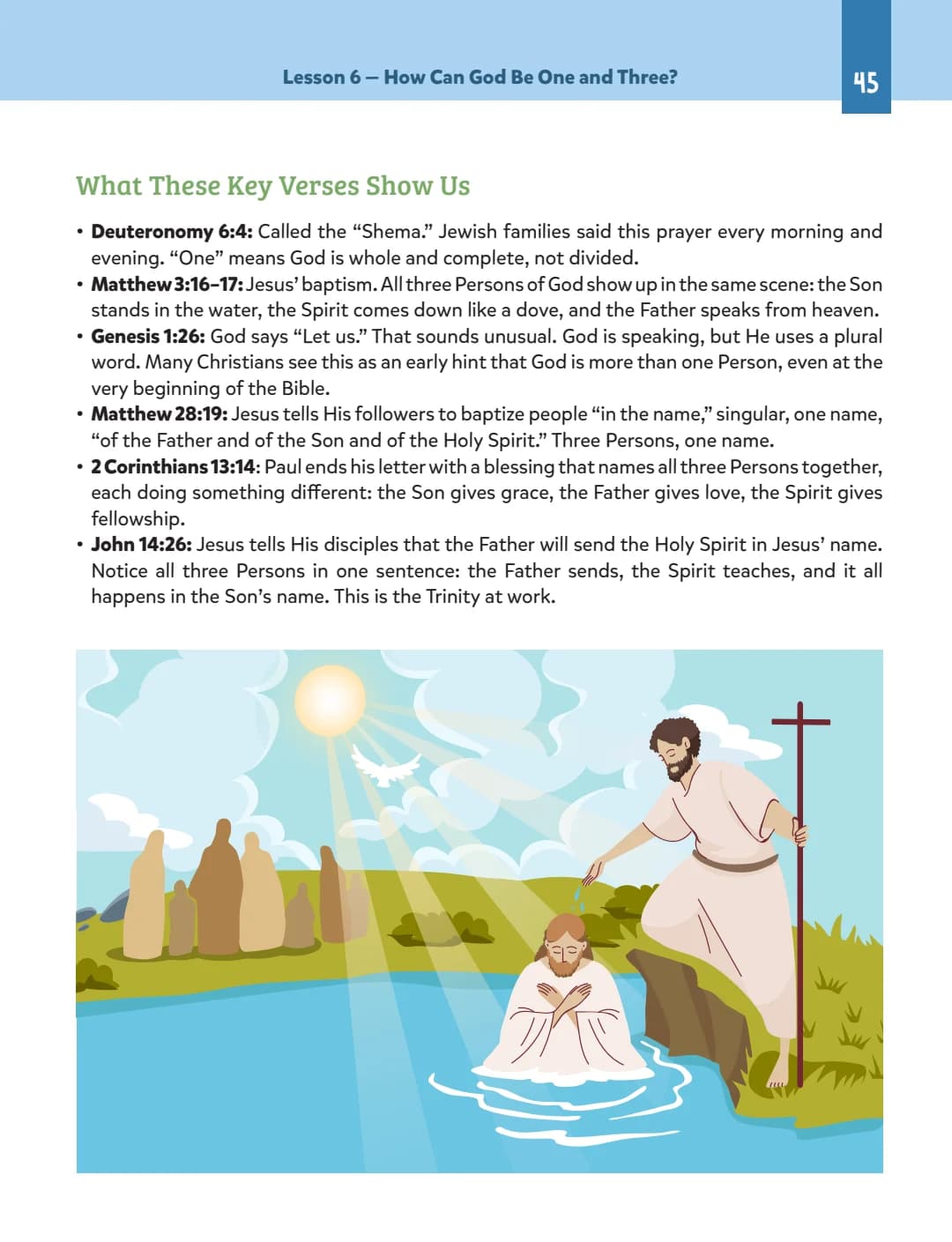 Scripture explanations and an illustration of Jesus’ baptism.