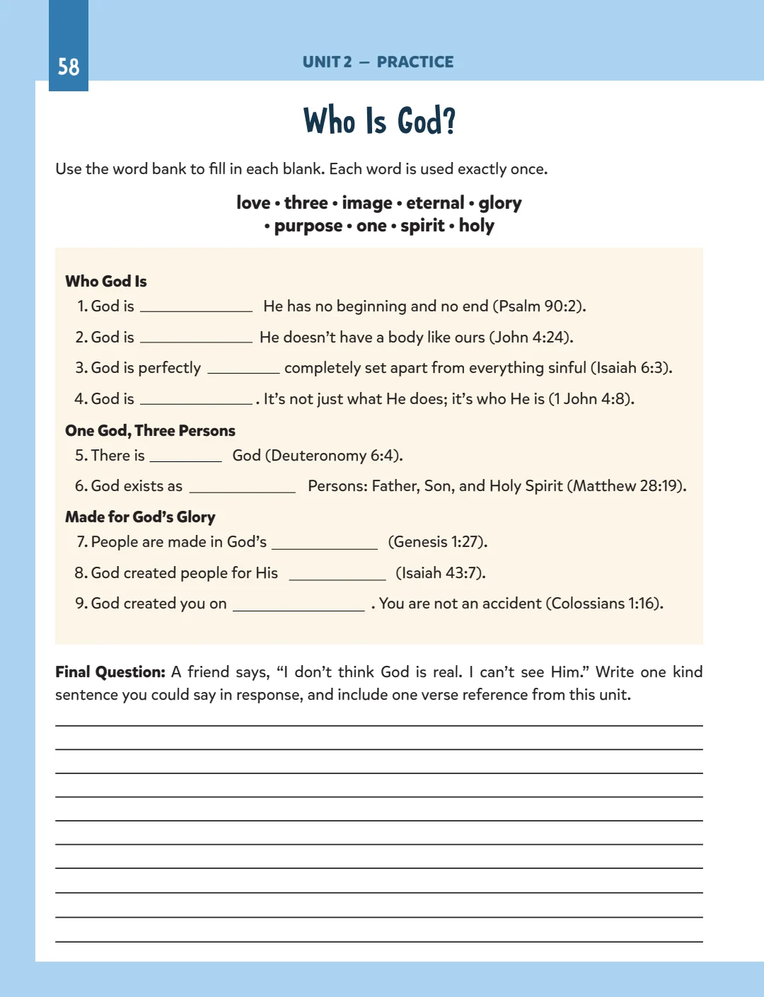 Who Is God? Unit 2 practice, word bank, and personal response.