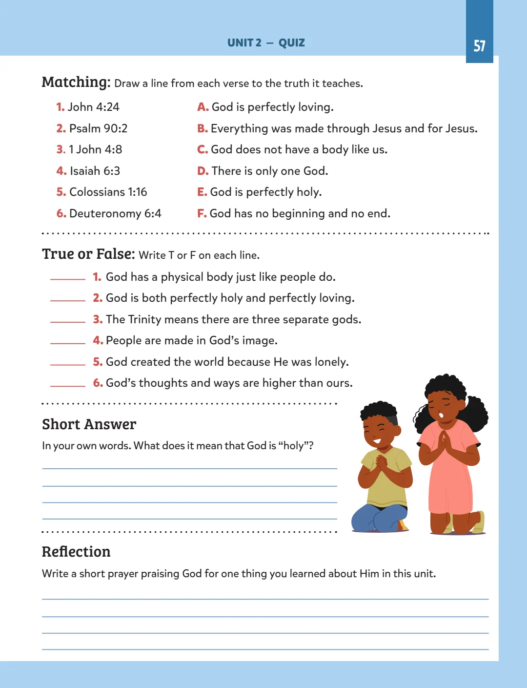 Unit 2 quiz with matching, true or false, short answer, and reflection.