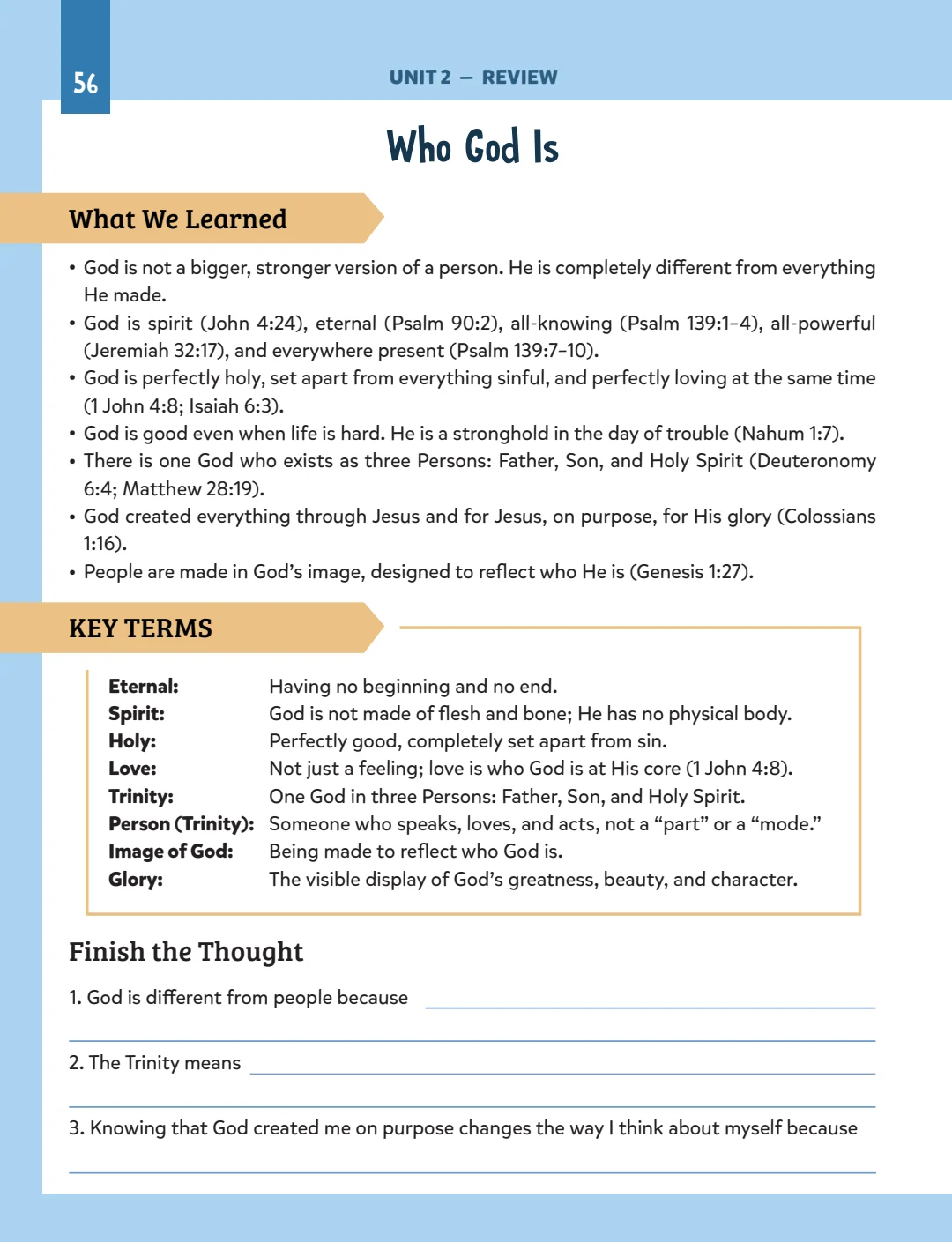 Unit 2 review of main truths and key terms about who God is.
