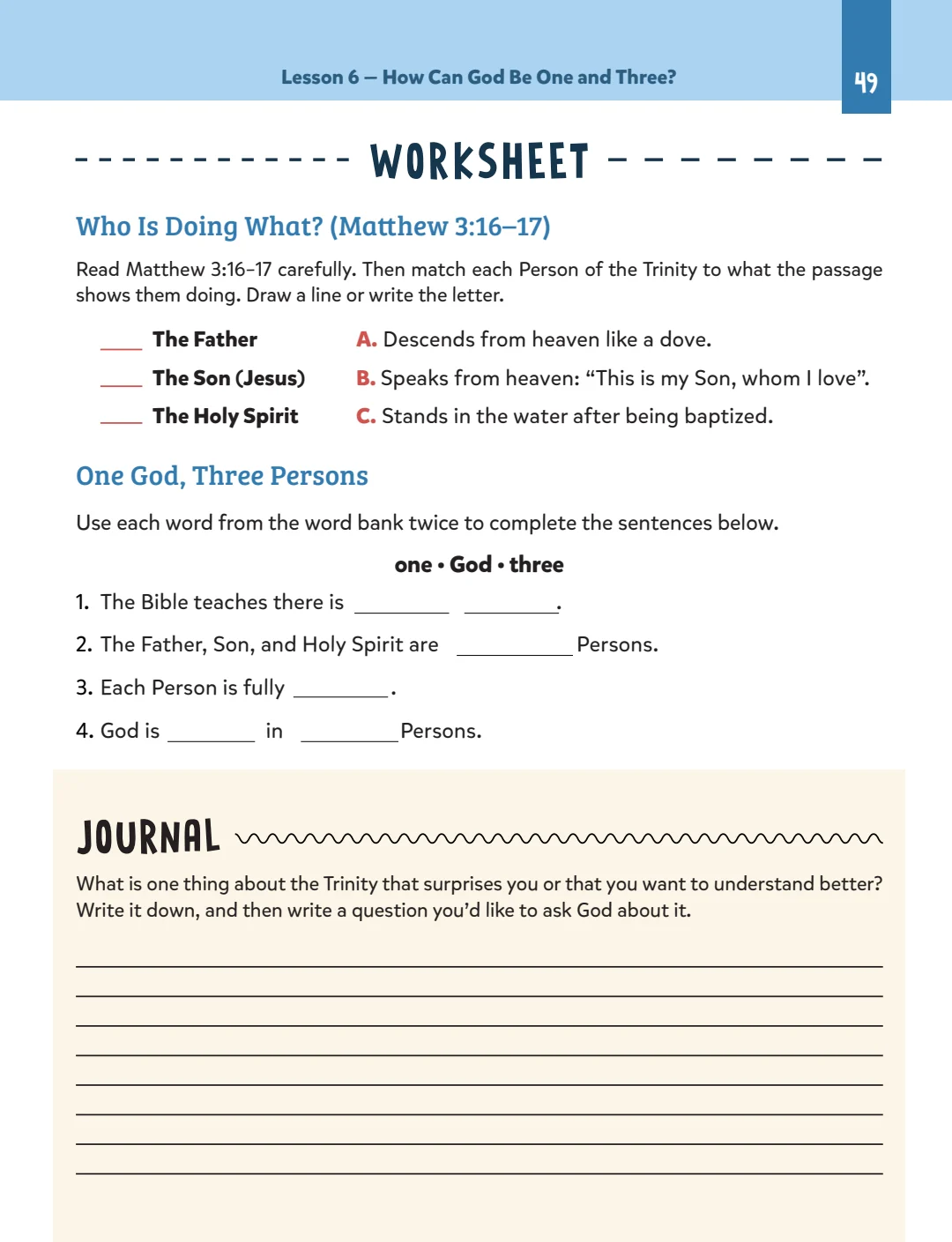 Real worksheet and journal page from Lesson 6